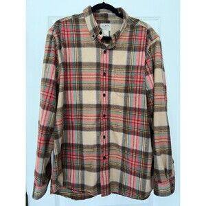 LL Bean Men’s Flannel Buttondown Tan And Red Plaid Large EUC